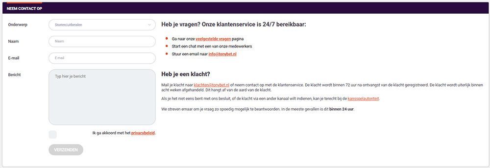 klantenservice bij tonybet nederland