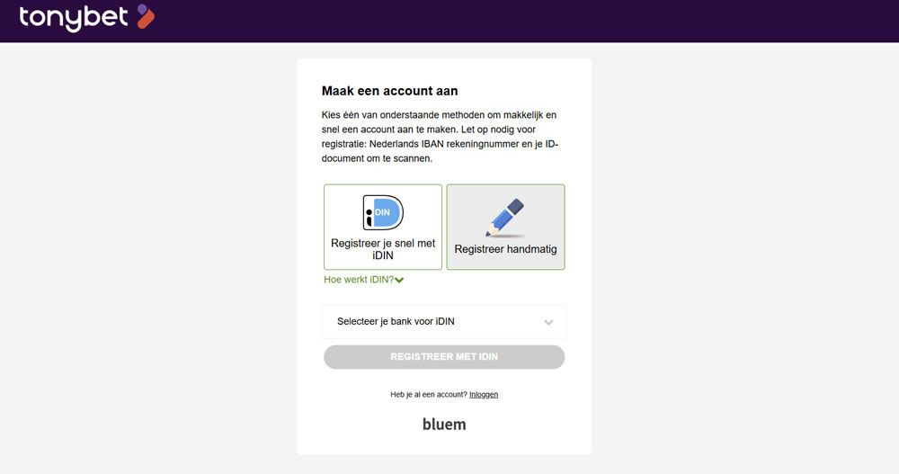 tonybet hoe inloggen en registreren