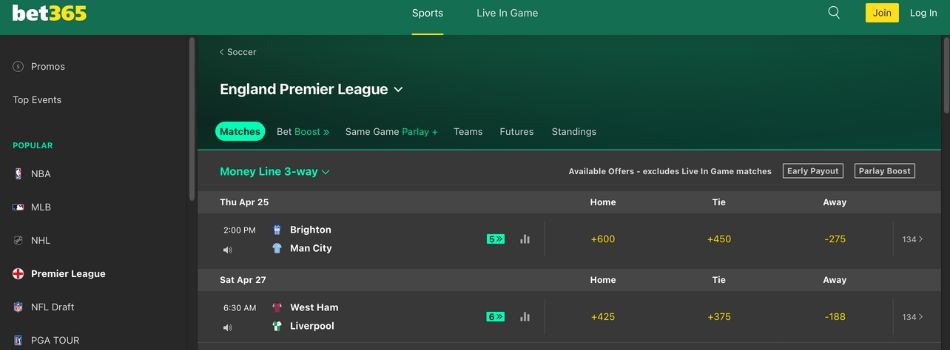Bet365 Sportsbook Screenshot