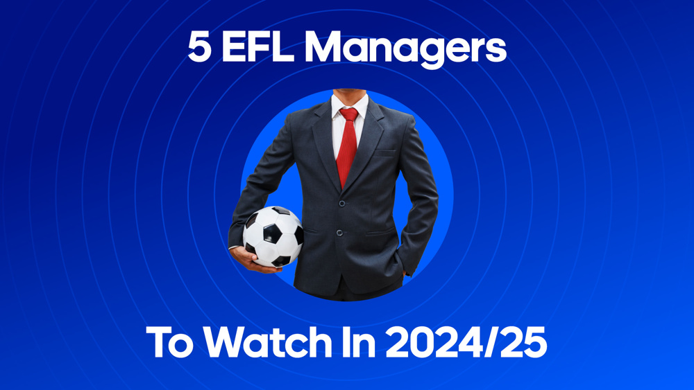image of man in suit and tie holding football between text 'Five EFL Managers to watch 2024/25'