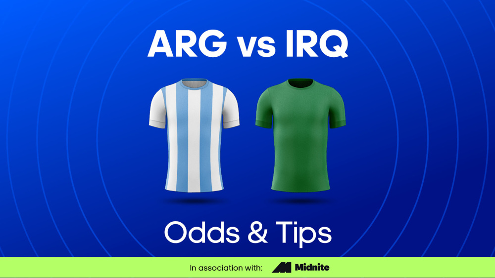 Image Argentina and Iraq football shirts with text saying 'ARG vs IRQ Odds & Tips'