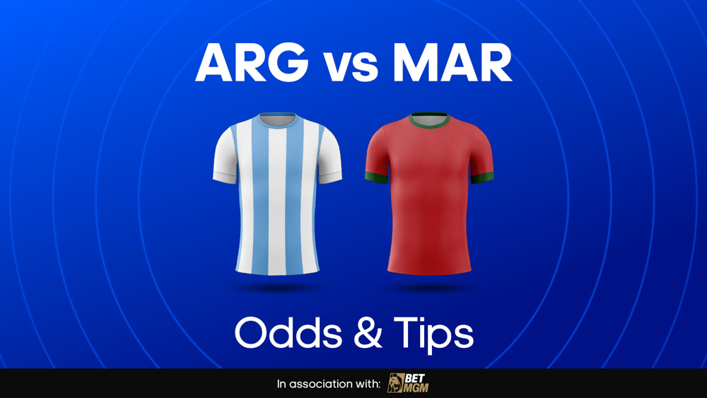 blue and white striped shirt and red shirt between arg vs mar odds & tips text