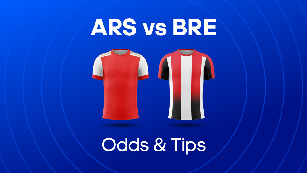 Image of Arsenal and Brentford football shirts with text reading 'ARS vs BRE' odds and tips