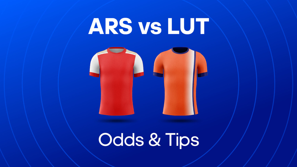 image of red arsenal shirt and orange luton shirt between text ARS vs LUT odds & tips