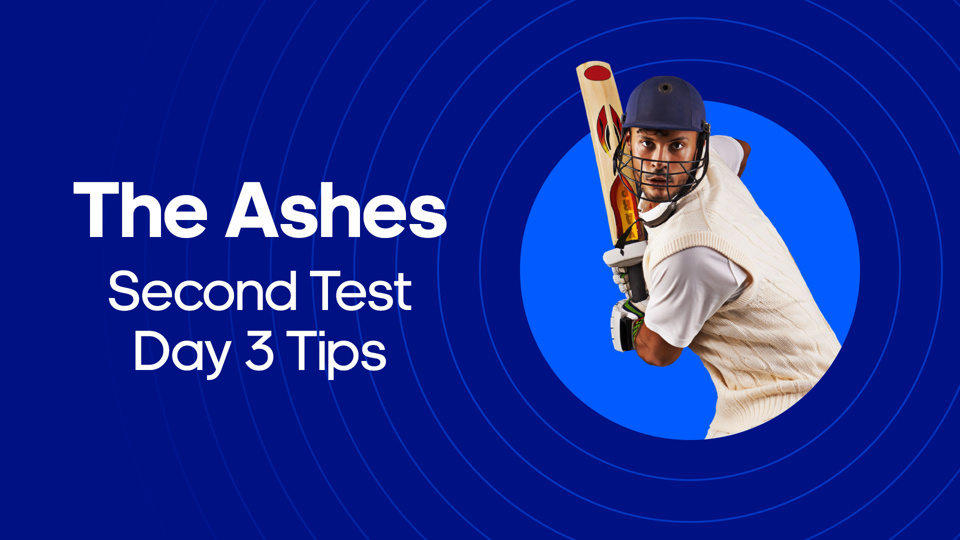 image of man with cricket back next to the ashes second test day 3 tips text