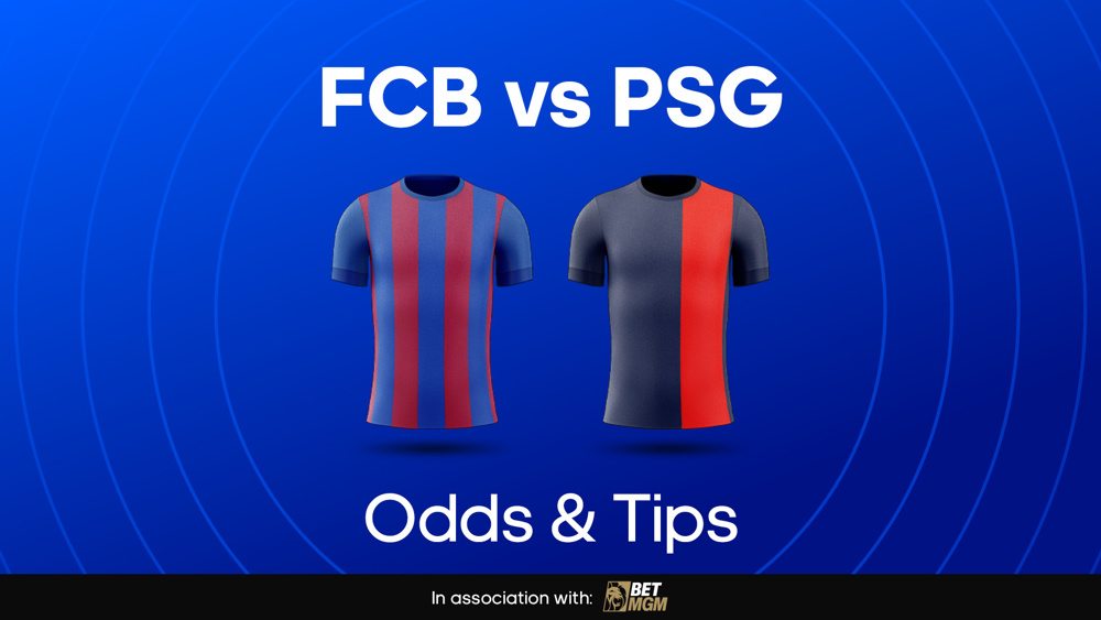 Image of barcelona and psg football shirts with text saying 'BAR vs PSG Odds & Tips' 