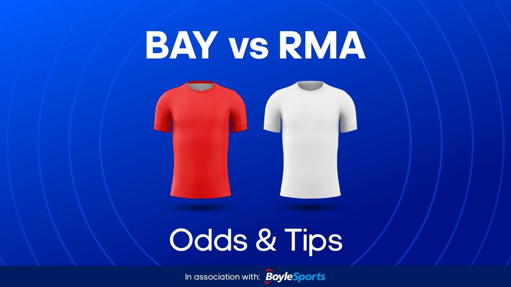 Image of bayern and real football shirts with text saying 'BAY vs RMA Odds & Tips' 