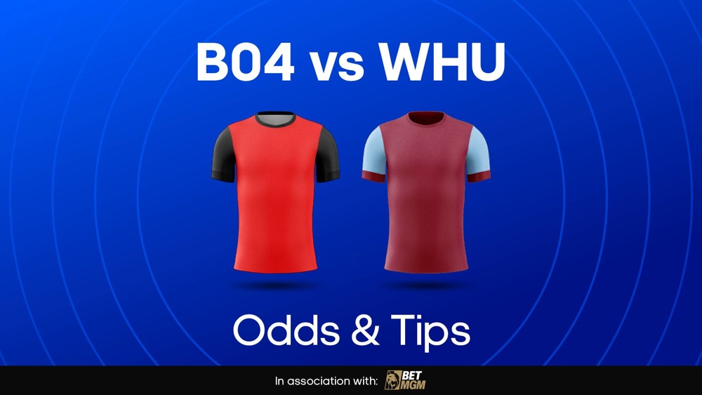 image of leverkusen and west ham shirts with text saying 'B04 vs WHU Odds & Tips'