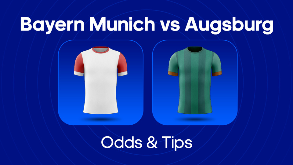 text of Bayern Munich vs Augsburg odds & tips and image of Bayern Munich and Augsburg football shirts