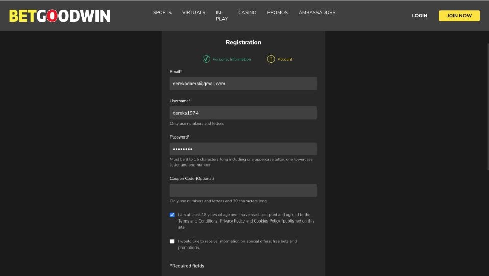 BetGoodwin Registration Step 2