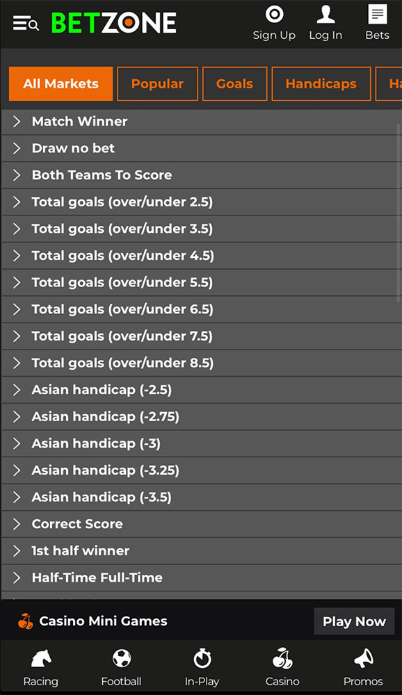 Betzone Football Markets In-play