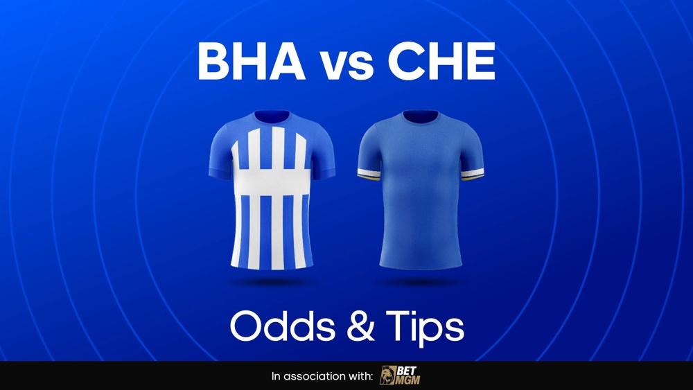 Image of Brighton and Chelsea football shirts with text saying 'BHA vs CHE Odds & tips'