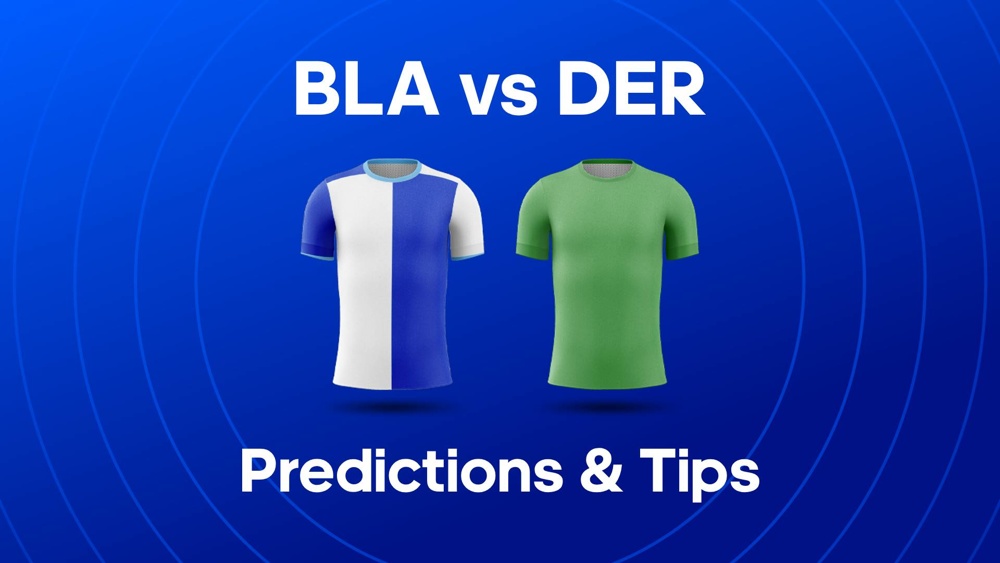 Image of Blackburn and Derby shirts with text saying 'BLA vs DER Predictions'