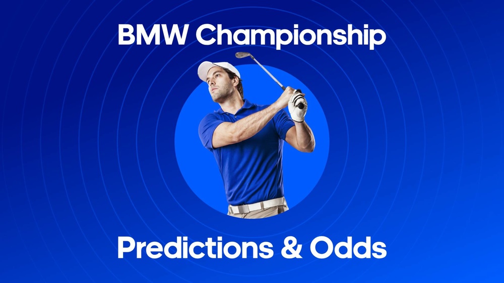 Image of a golfer with text saying 'bmw championship predictions'