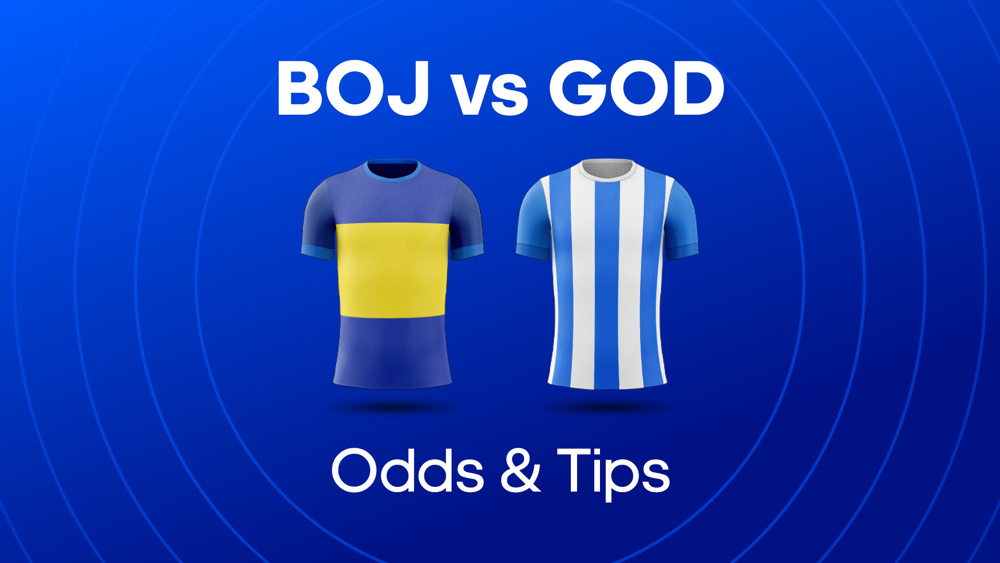 Image of boca juniors and godoy cruz football shirts with text saying 'BOJ vs GOD Odds & Tips'
