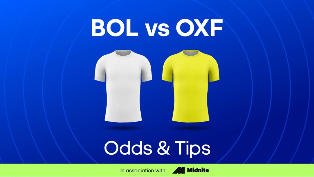 Image of Bolton and Oxford football shirts with text saying 'BOL vs OXF Odds & Tips'