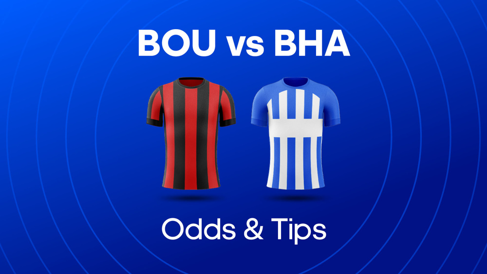 red and black striped shirt and blue and white striped shirt between bou vs bha odds & tips text