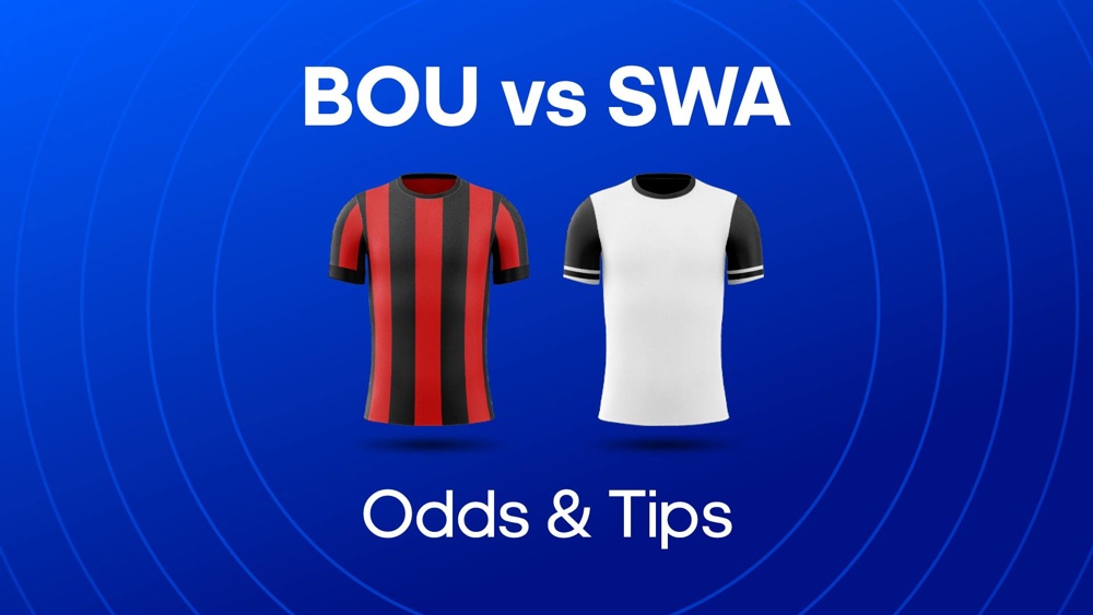 Image of Bournemouth and Swansea shirts with text saying 'BOU vs SWA Odds & Tips'