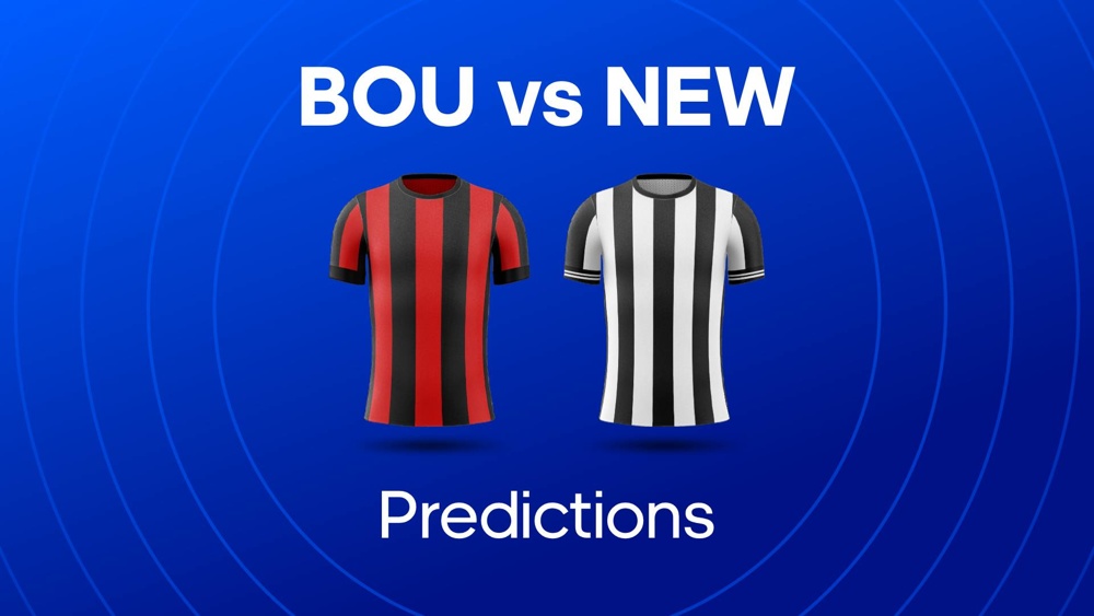 Image of bournemouth and newcastle shirts with text saying 'NEW vs BOU Predictions'
