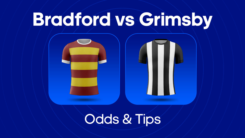 maroon and yellow football shirt and black and white football shirt between bradford vs grimsby odds & tips text