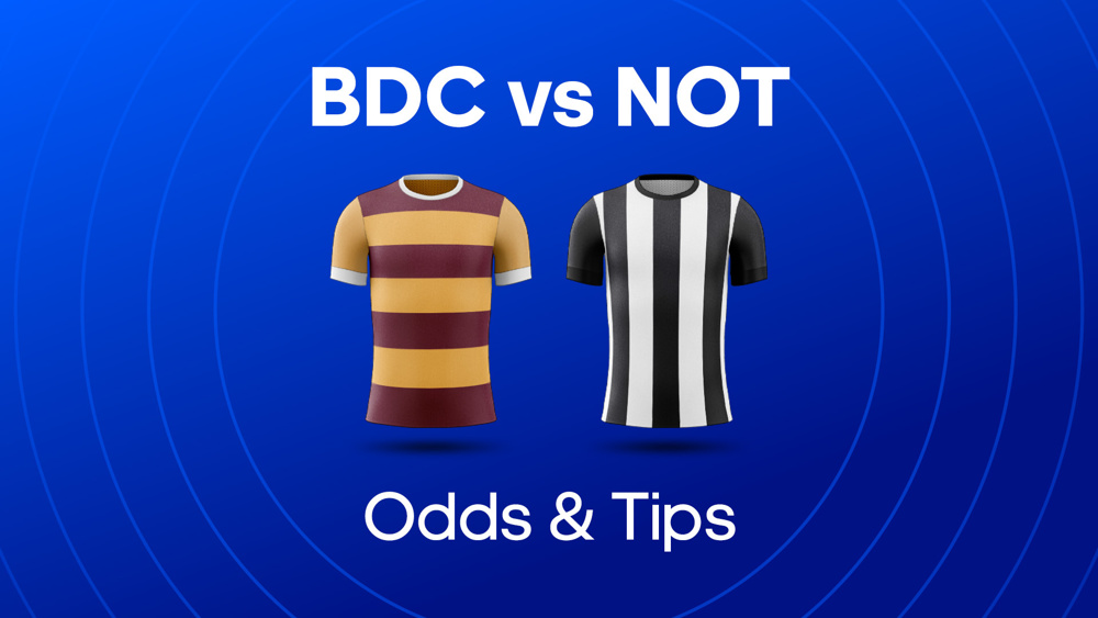 image of bradford and notts county football shirts with text saying BRA vs NTC Odds & Tips