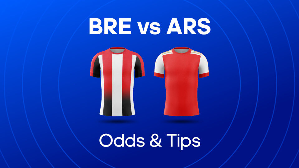 red and white striped football shirt and red football shirt between bre vs ars odds & tips text