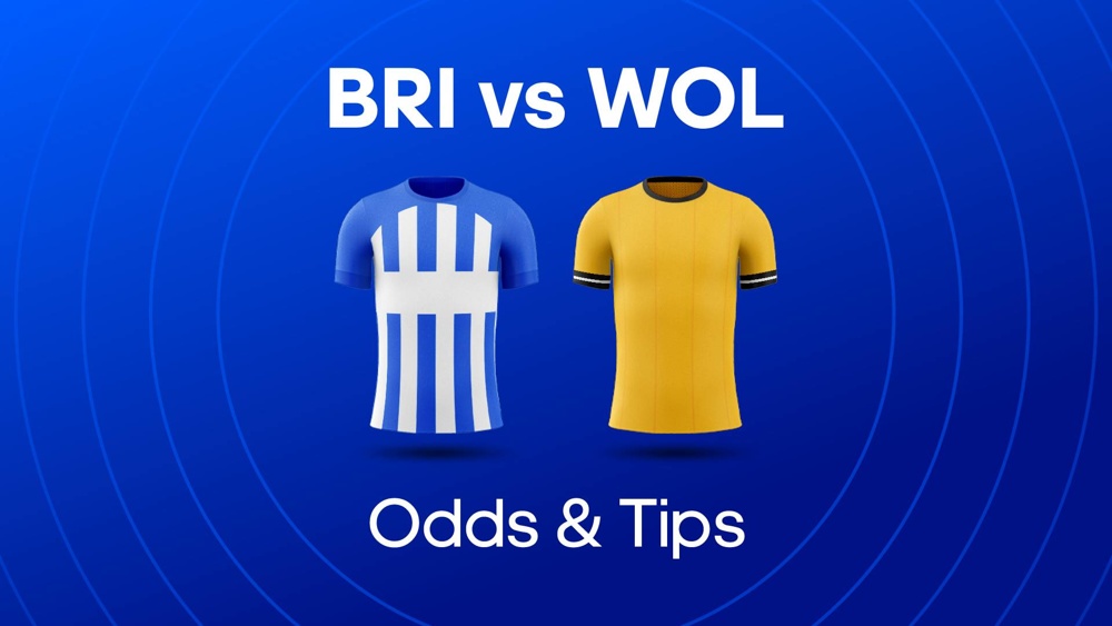 Image for Brighton and Wolves football shirts with text saying 'BRI vs WOL Odds & Tips'