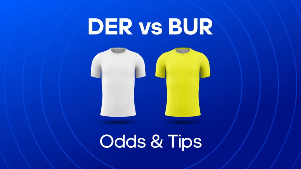 Image of Derby and Burton football shirts with text saying 'DER vs BUR Odds & Tips'