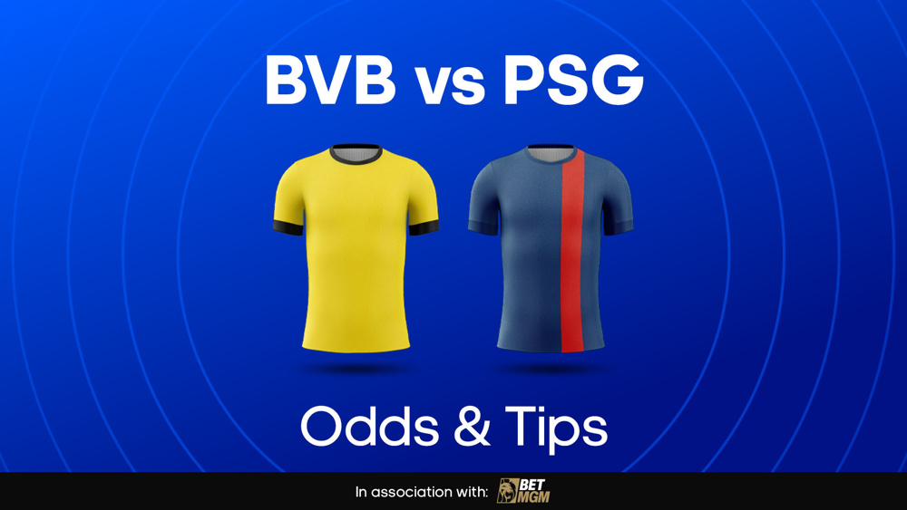 Image of dortmund and psg football shirts with text saying 'BVB vs PSG Odds & Tips' 