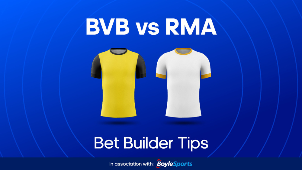 Image of Dortmund and Real Madrid shirts with text saying 'BVB vs RMA Odds & Tips'