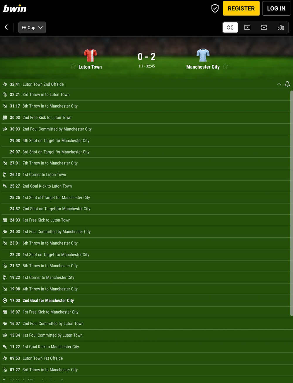 Bwin Luton vs Man City in play time stamps