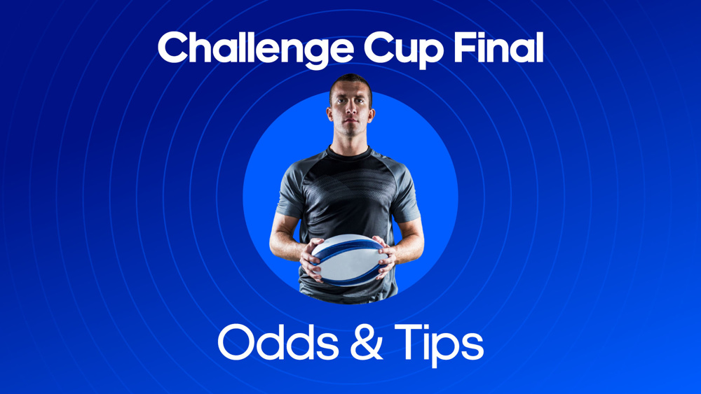 rugby player holding a rugby ball between challenge cup final odds & tips text