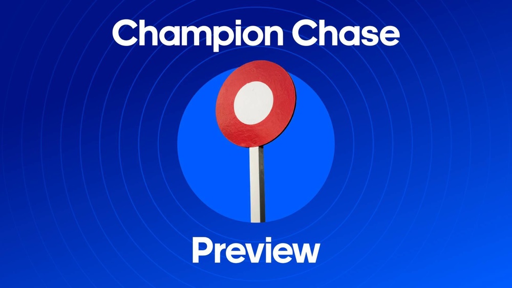 Winning post from horse racing with text saying 'Champion Chase Preview'
