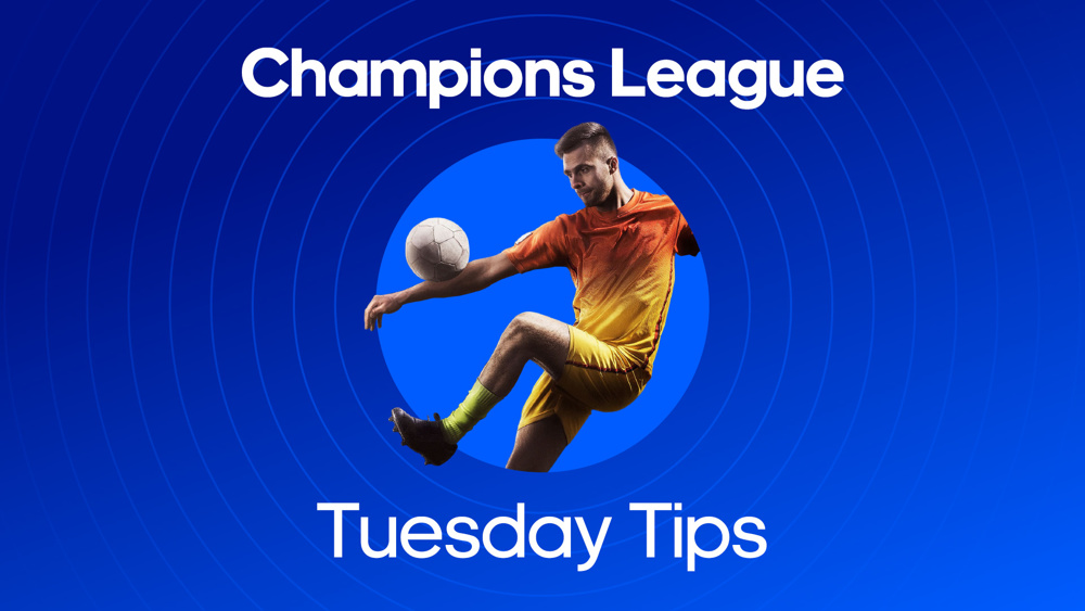 Image of football player in orange shirt kicking a ball with blue background and text reading 'Champions League Tuesday Tips'.
