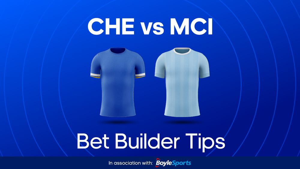image of dark blue chelsea shirt and light blue man city shirt between text CHE vs MCI Bet Builder Tips