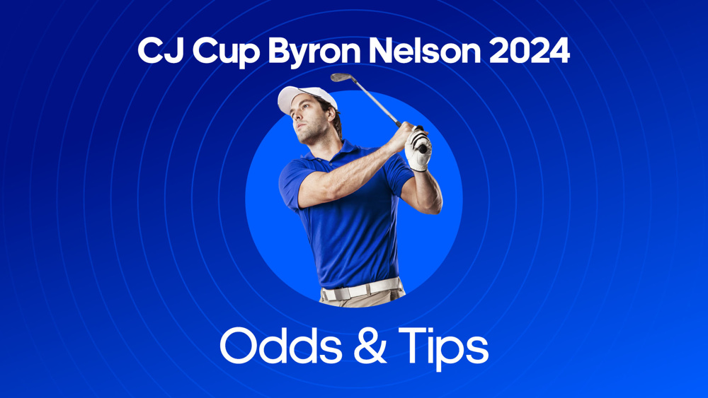 golfer swinging a club between cj cup byron nelson 2024 odds & tips text