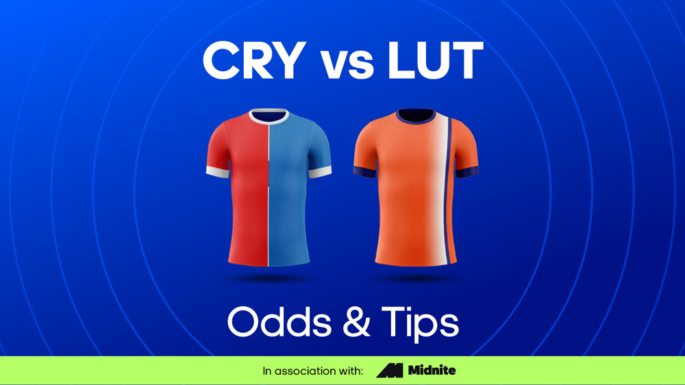 image of crystal palace and luton football shirts with text reading 'CRY vs LUT odds and tips'