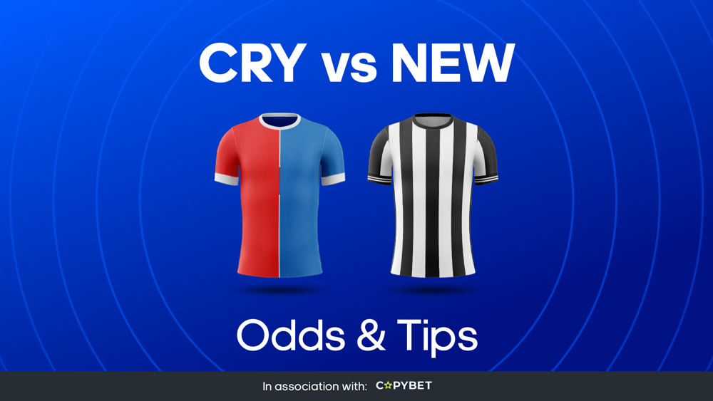 image of blue and red crystal palace shirt and black and white newcastle shirt between text CRY vs NEW Odds & Tips