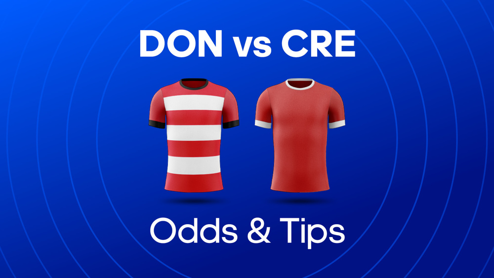 Image of Doncaster and Crewe football shirts with text 'DNR vs CAX Odds & Tips'
