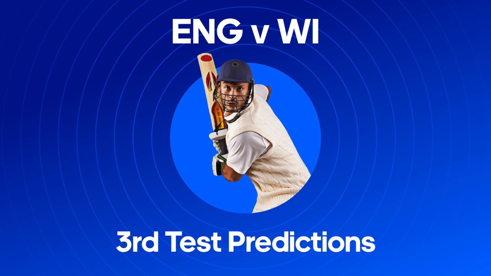 Image of a cricketer with text saying ENG vs WI 3rd Test Predictions