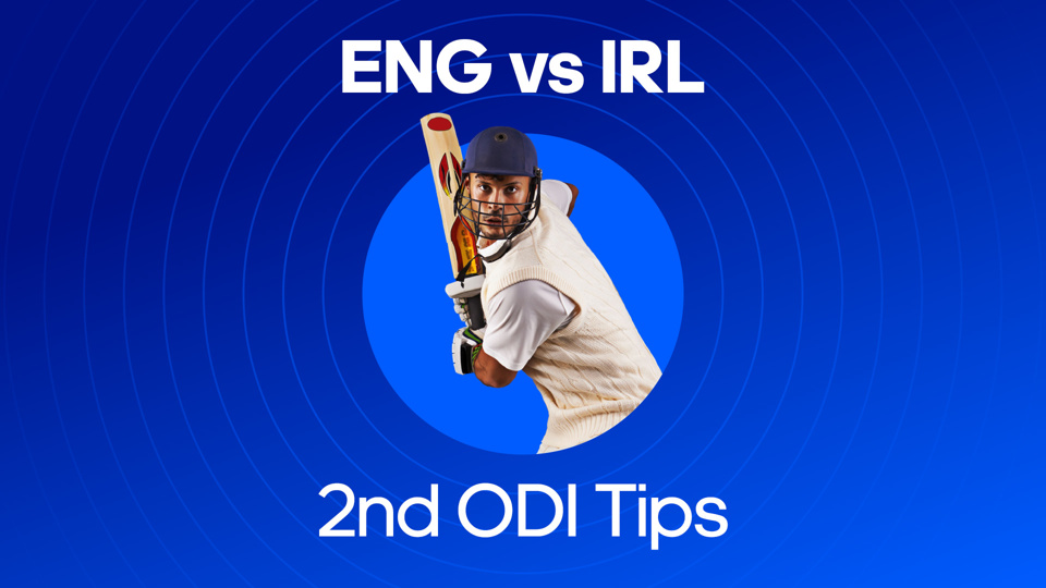 image of man with cricket bat next to text of ENG vs IRL 2nd ODI tips