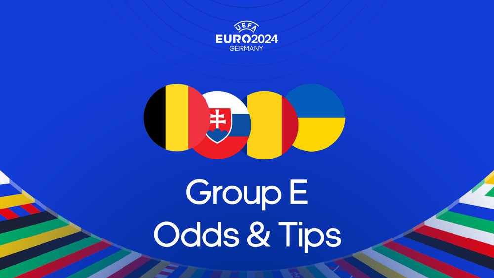 euro 2024 logo above Belgium, Ukraine, Romania and Slovakia flags with group e odds & tips text below