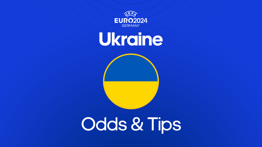 euro 2024 logo above the ukraine flag between ukraine odds & tips text