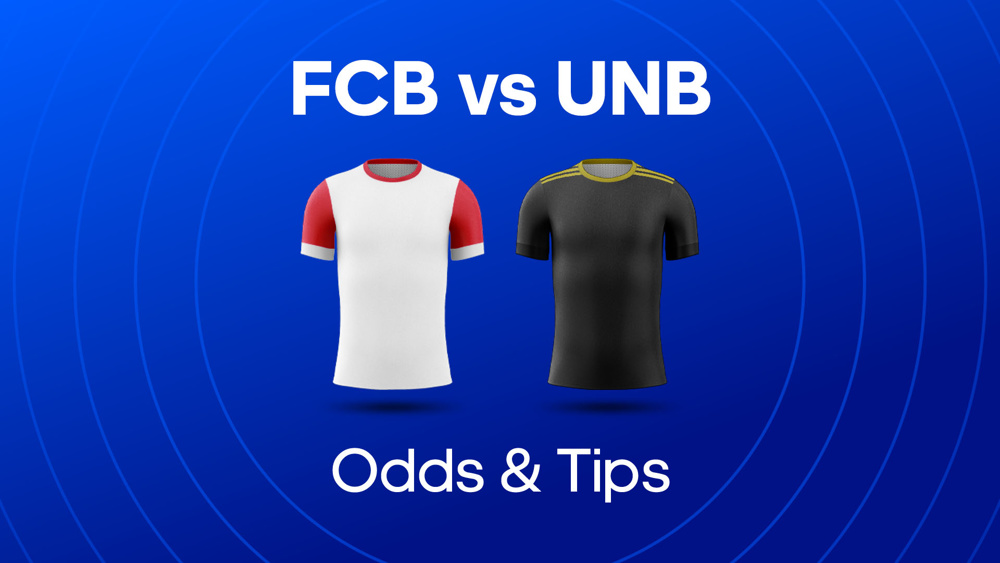 white and red shirt and black shirt between fcb vs unb odds & tips text
