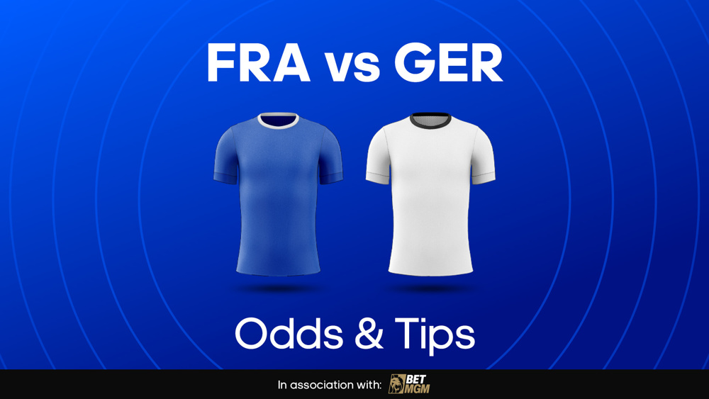image of blue France shirt and white Germany shirt next to text FRA vs GER Odds & Tips