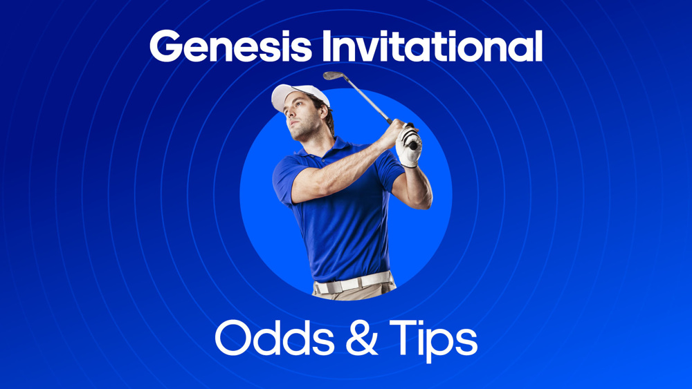 Image of man playing golf with text saying 'genesis invitational odds and tips'