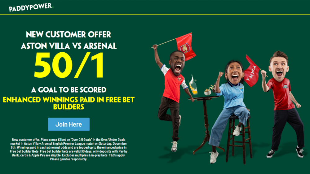 Paddy Power Aston Villa vs Arsenal Offer