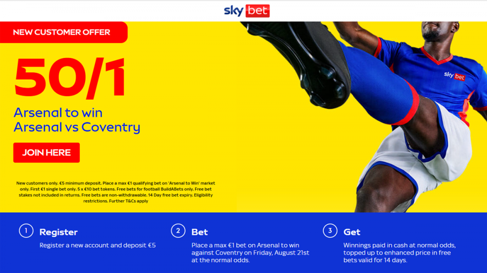 Sky Bet Arsenal vs Coventry 50/1 Offer