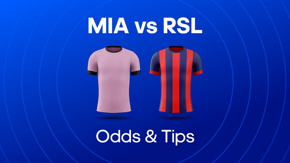 image of pink football shirt next to red and blue football shirt between text MIA vs RSL Odds & Tips