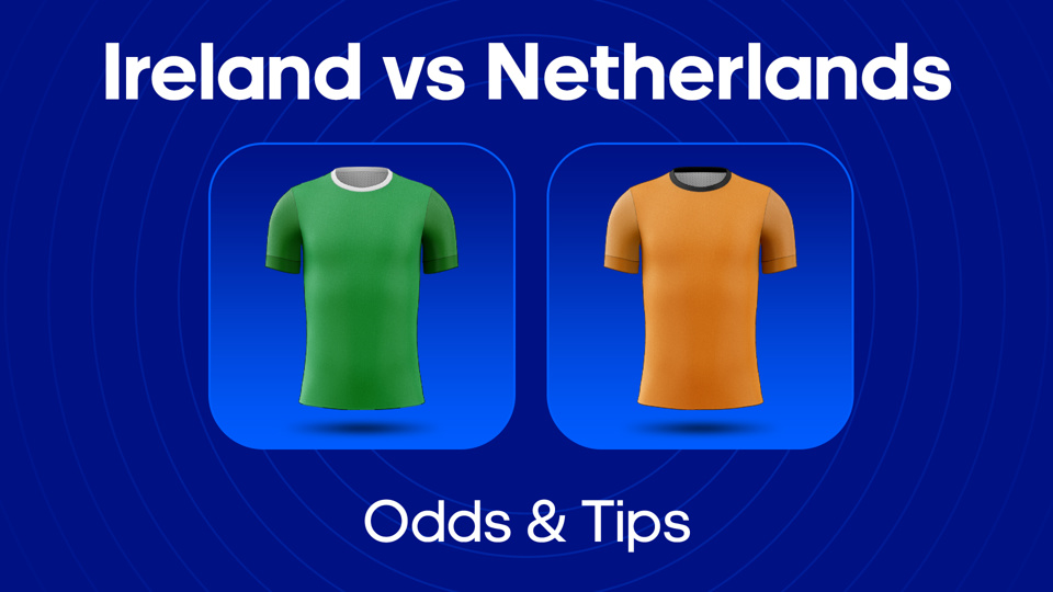 football kit image with text Ireland vs Netherlands odds and tips